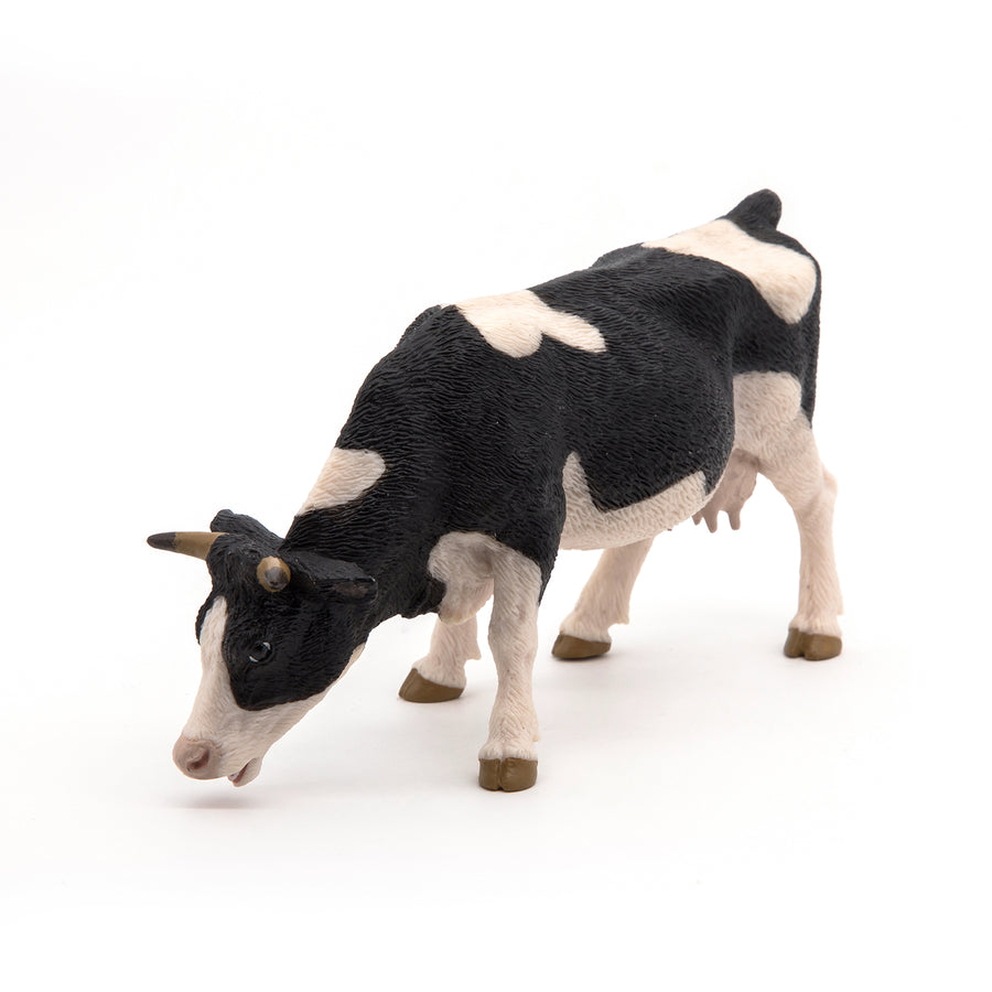 Figurine Vache noire et blanche broutant Papo en PVC, Collection Vie à la ferme, jouet éducatif idéal pour enfants et collectionneurs