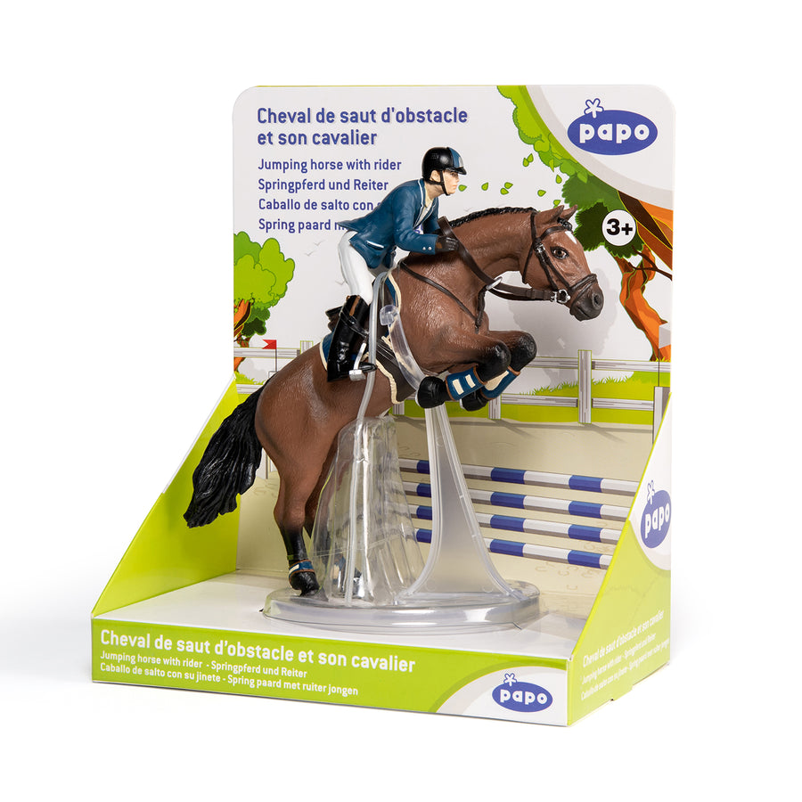 Figurine Cheval de saut d'obstacle et son cavalier Papo en PVC, Collection chevaux, jouet éducatif idéal pour enfants et collectionneurs